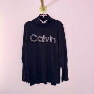 Calvin Klein Black Turtleneck Sweater – Rhinestone Logo, NWT, Size M